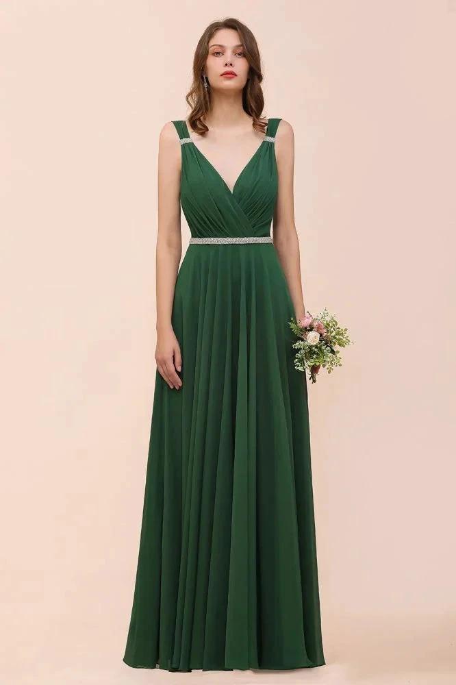 V-Neck A-line Dark Green Bridesmaid Dress Rhinestone Waist Belt (ZD13000)