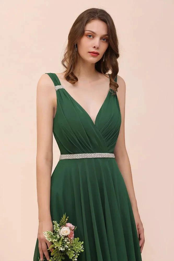 V-Neck A-line Dark Green Bridesmaid Dress Rhinestone Waist Belt (ZD13000)
