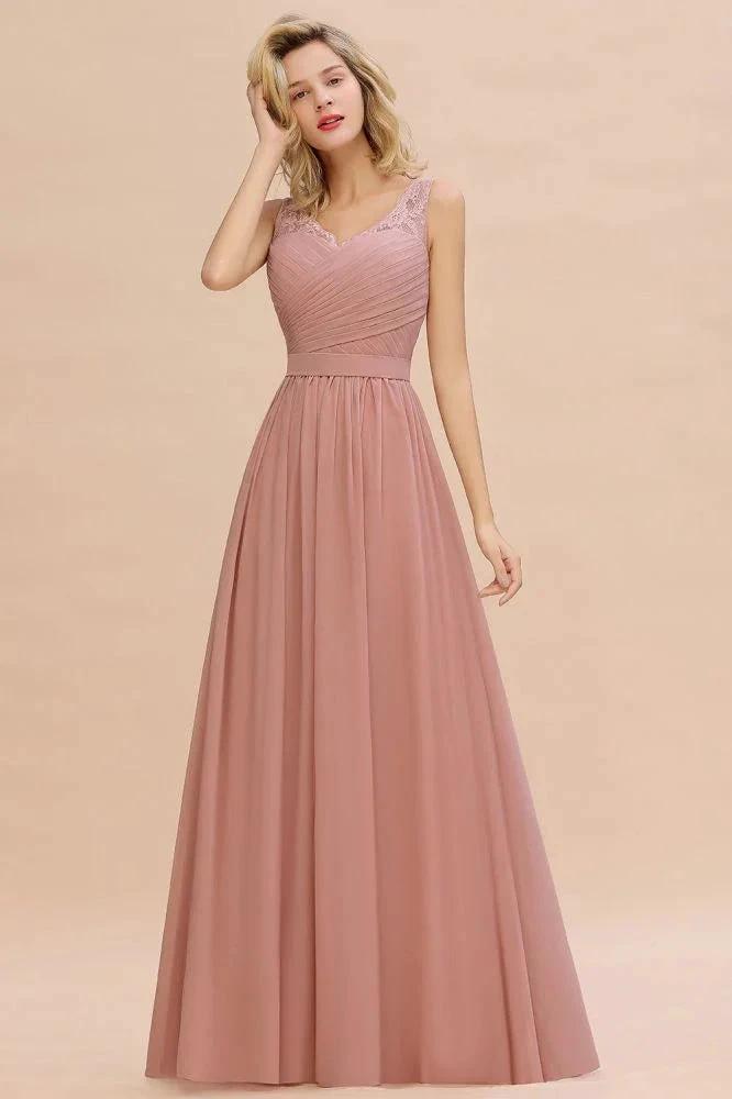 V-Neck Aline Ruffle Chiffon Bridesmaid Dress Sleeveless Floral Evening Swing Dress by misshow.com