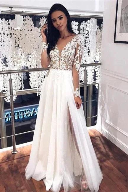 V-neck Appliques Long Sleeve A-line Wedding Dresses | Side Split Pleated Tulle Bridal Gowns (ZD14701)