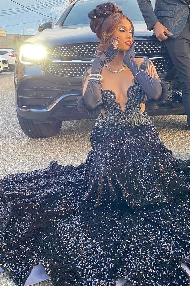 V-Neck Beaded Sequined Mermaid Long Prom Dresses