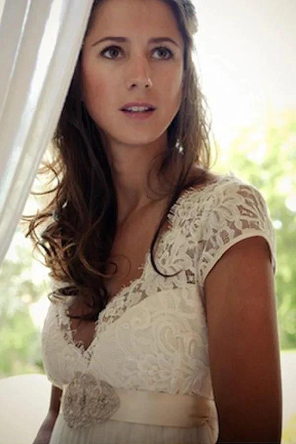 V-neck Cap Sleeves Sweep Train Backless Wedding Dress With Sash (ZD16304)