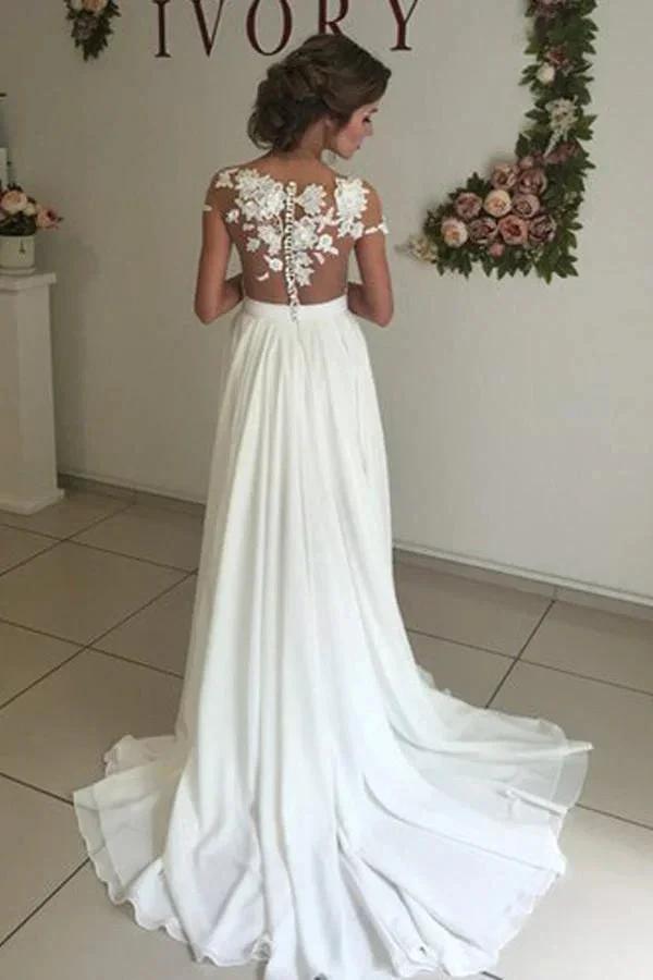 V-neck Cap Sleeves Sweep Train Ivory Wedding Dress with Appliques (ZD16279)