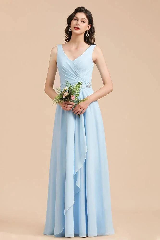 V-Neck Chiffon Aline Bridesmaid Dress Sleeveless Floor Length Simple Wedding Dress (ZD13096)
