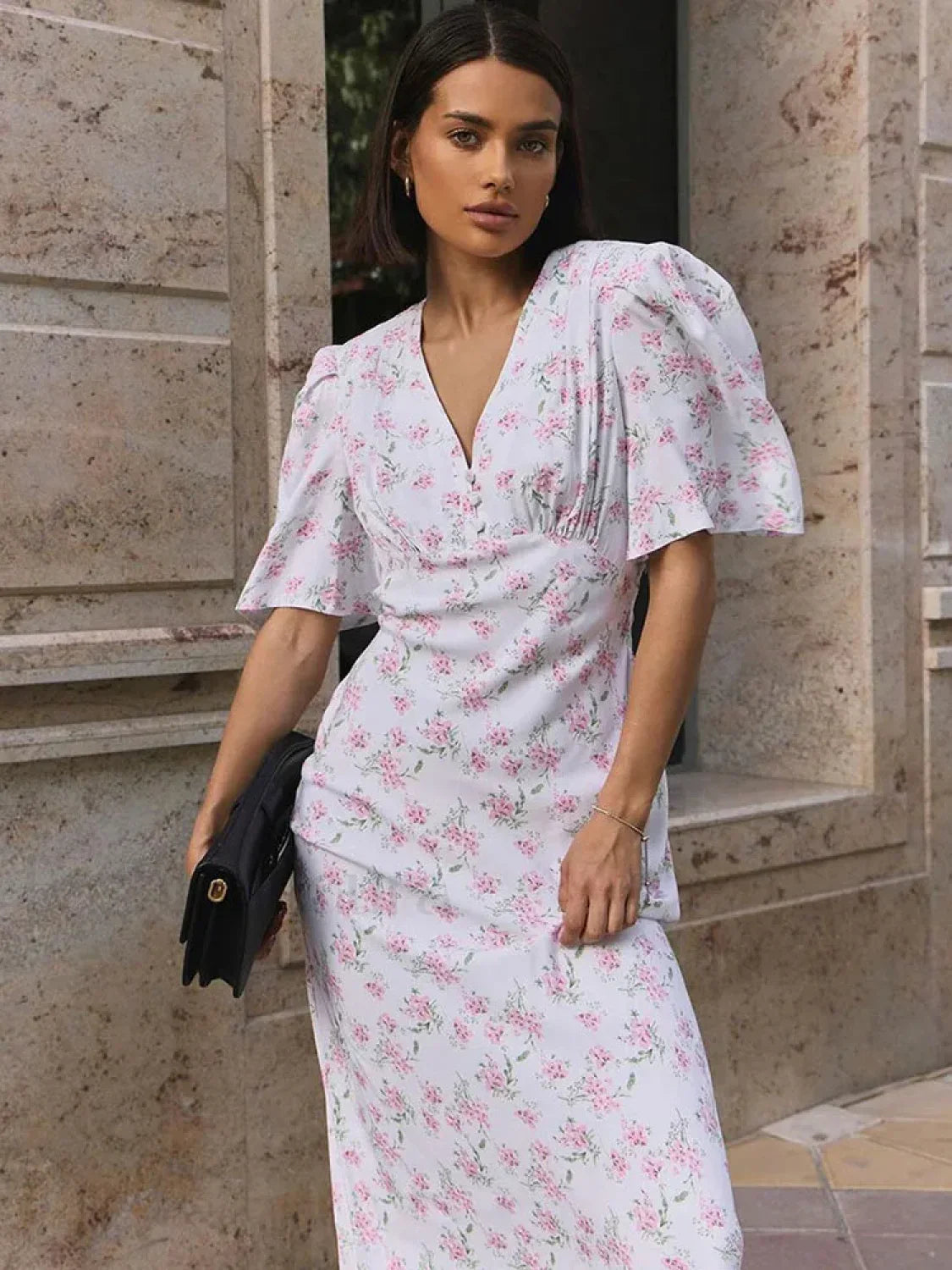 V-Neck Contrast Floral Dress