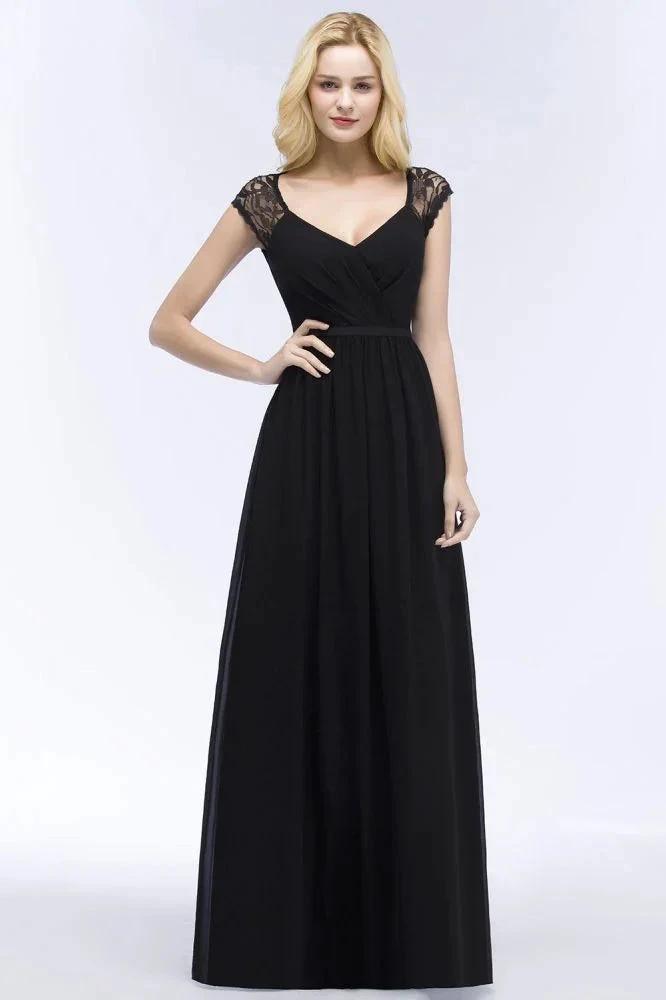 V-neck Floor Length A-line Lace Chiffon Bridesmaid Dresses with Sash by misshow.com