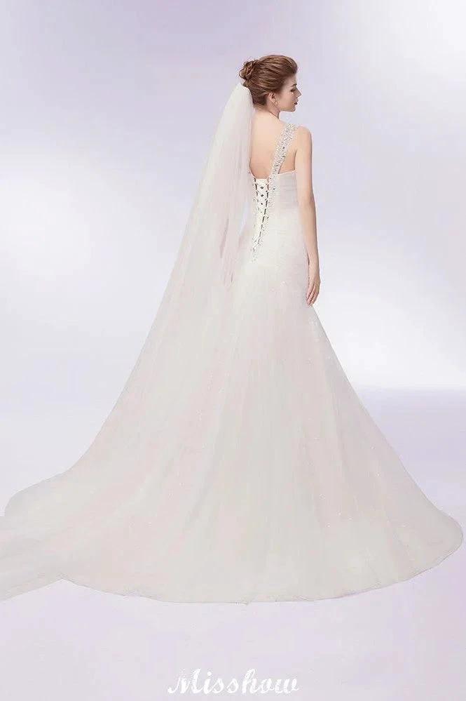 V-neck Floor Length Mermaid Crystals Tulle Wedding Dresses (ZD13954)