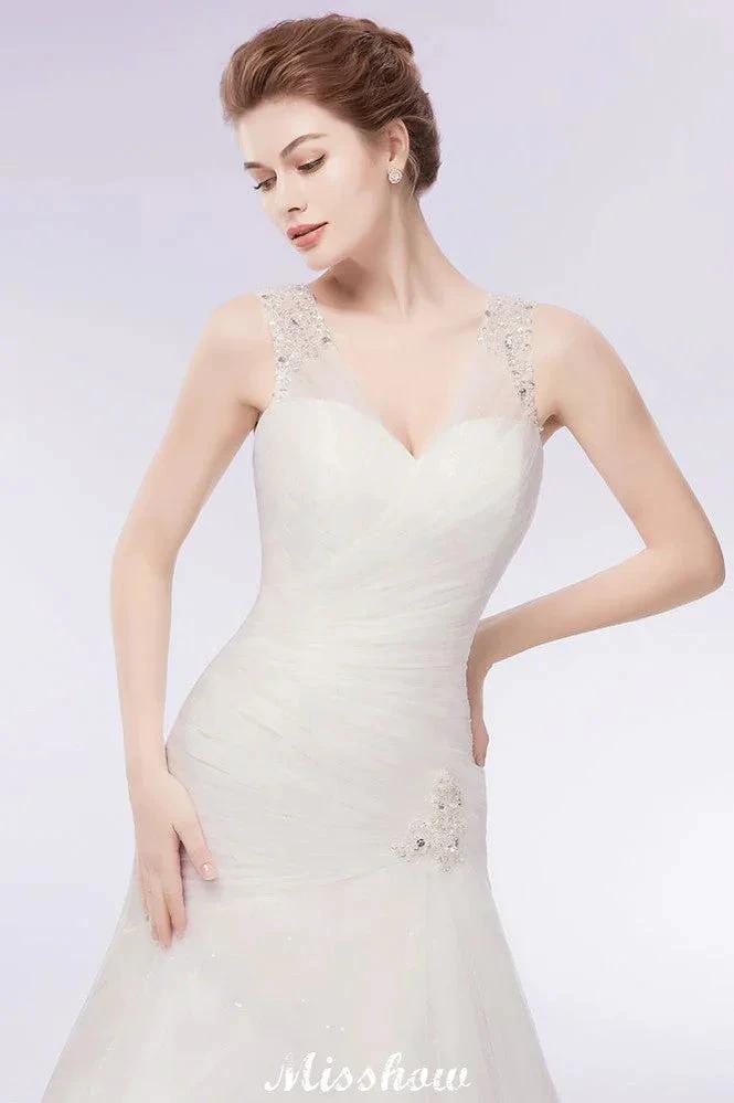 V-neck Floor Length Mermaid Crystals Tulle Wedding Dresses (ZD13954)