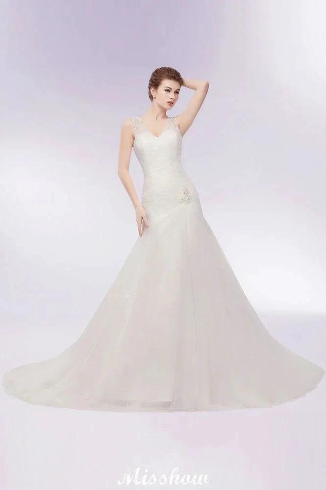 V-neck Floor Length Mermaid Crystals Tulle Wedding Dresses by misshow.com