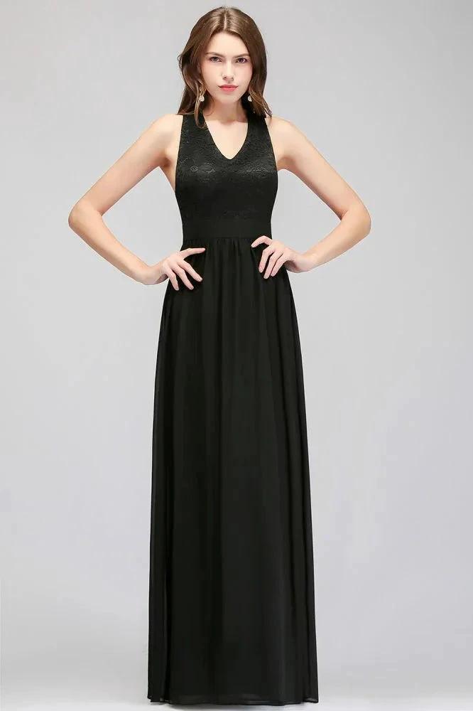 V-neck Floor Length Sleeveless Lace Top Black Bridesmaid Dress (ZD13040)