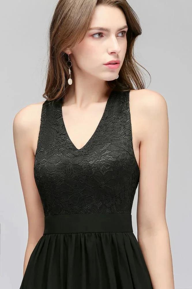V-neck Floor Length Sleeveless Lace Top Black Bridesmaid Dress (ZD13040)