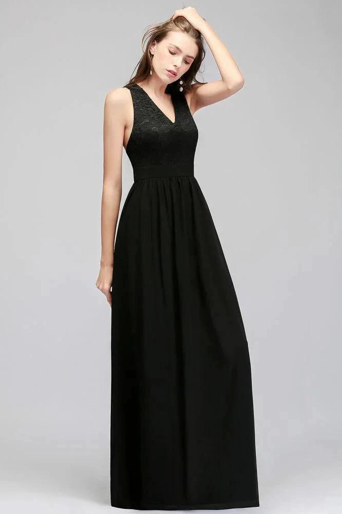 V-neck Floor Length Sleeveless Lace Top Black Bridesmaid Dress (ZD13040)
