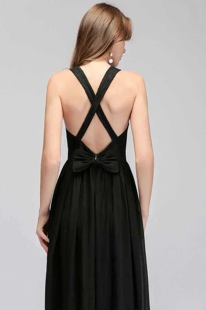 V-neck Floor Length Sleeveless Lace Top Black Bridesmaid Dress (ZD13040)