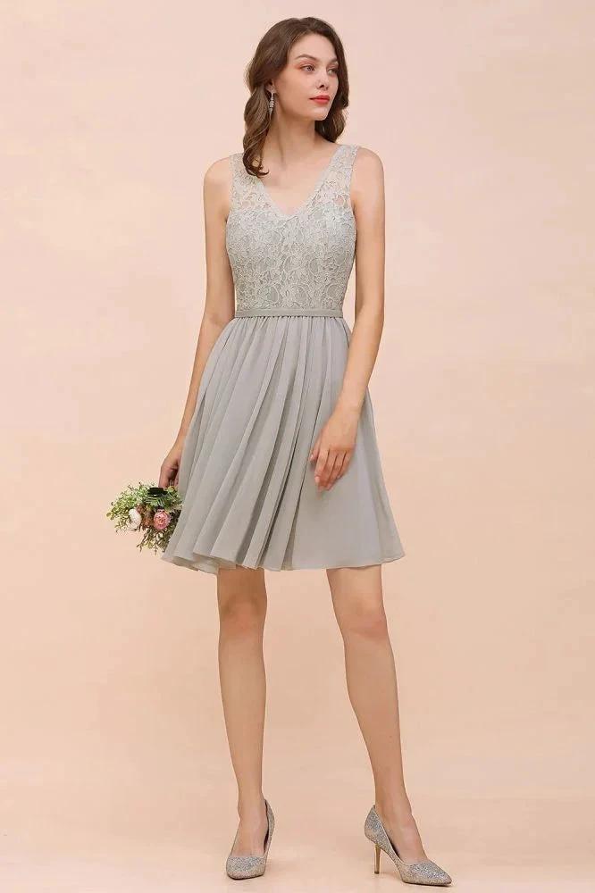 V-Neck Floral Lace Mini Homecoking Dress Grey Simple Chiffon Bridesmaid Dress Party Dress (ZD12963)