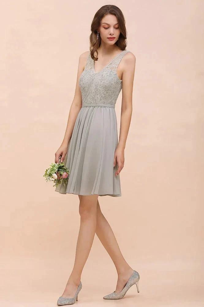 V-Neck Floral Lace Mini Homecoking Dress Grey Simple Chiffon Bridesmaid Dress Party Dress (ZD12963)