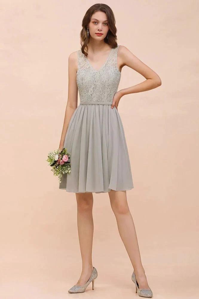 V-Neck Floral Lace Mini Homecoking Dress Grey Simple Chiffon Bridesmaid Dress Party Dress (ZD12963)