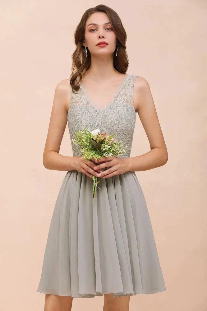 V-Neck Floral Lace Mini Homecoking Dress Grey Simple Chiffon Bridesmaid Dress Party Dress (ZD12963)
