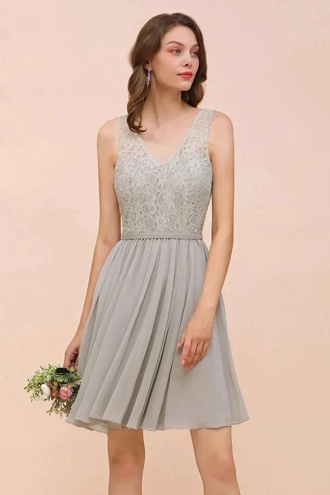 V-Neck Floral Lace Mini Homecoking Dress Grey Simple Chiffon Bridesmaid Dress Party Dress (ZD12963)