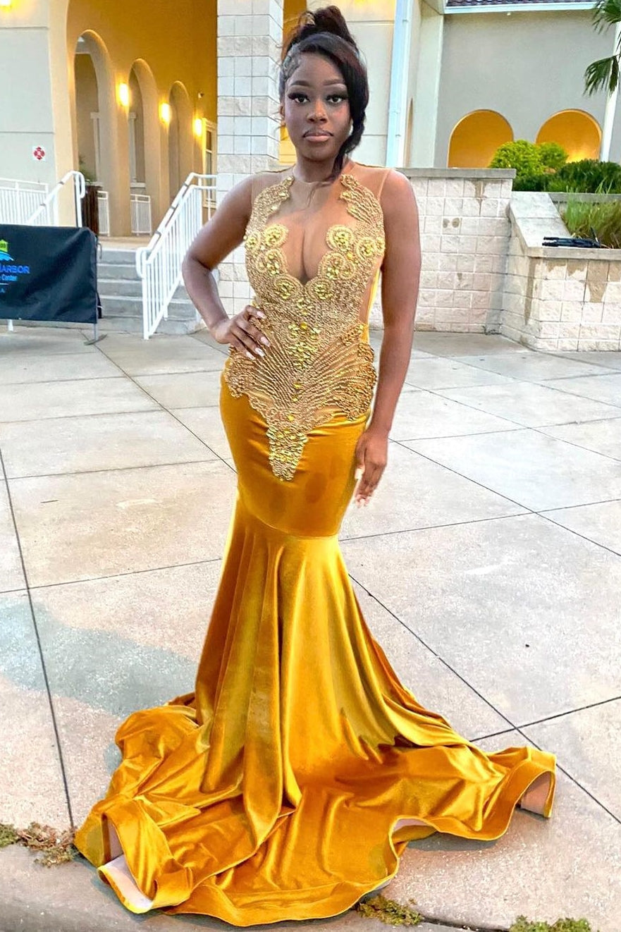 V-Neck Gold Velvet Sleeveless Mermaid Long Court Train Prom Dresses