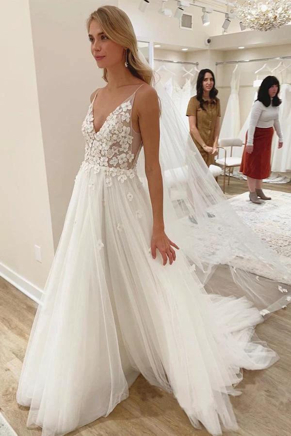 V Neck Ivory Vivid Flowers Wedding Dresses With with Unlined Bodice (ZD15298)
