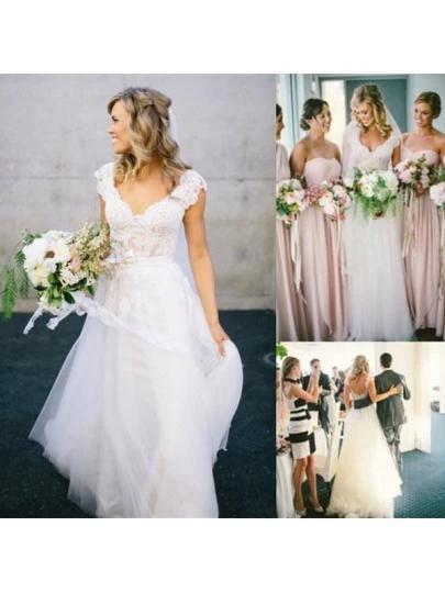V-Neck Lace Tulle Cap Sleeve A-Line Wedding Dress (ZD16345)