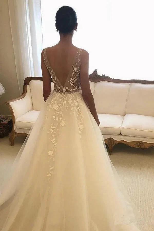 V Neck Lace Wedding Dresses Backless Rustic Wedding Dress (ZD16026) - View 2 | VelvetHem