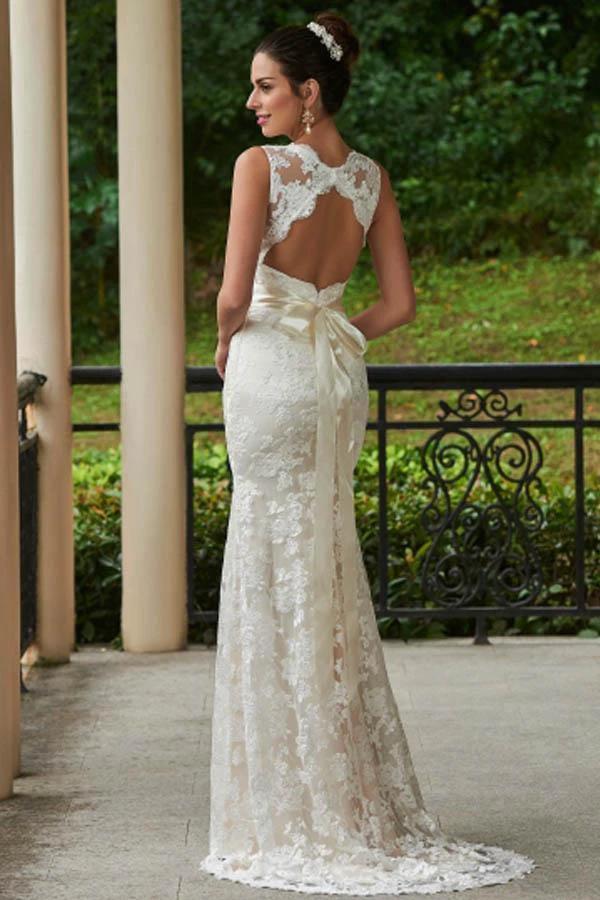 V-Neck Lace Zipper-Up Sheath Sweep Train Wedding Dress (ZD15414)