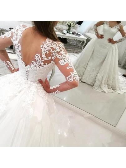 V-Neck Long Sleeves Appliques Watteau Train Wedding Dress (ZD15413)