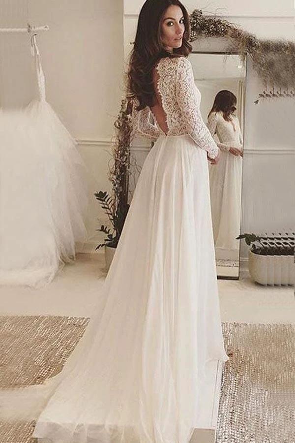 V-Neck Long Sleeves Backless Ivory Chiffon Wedding Dress with Lace (ZD16288)