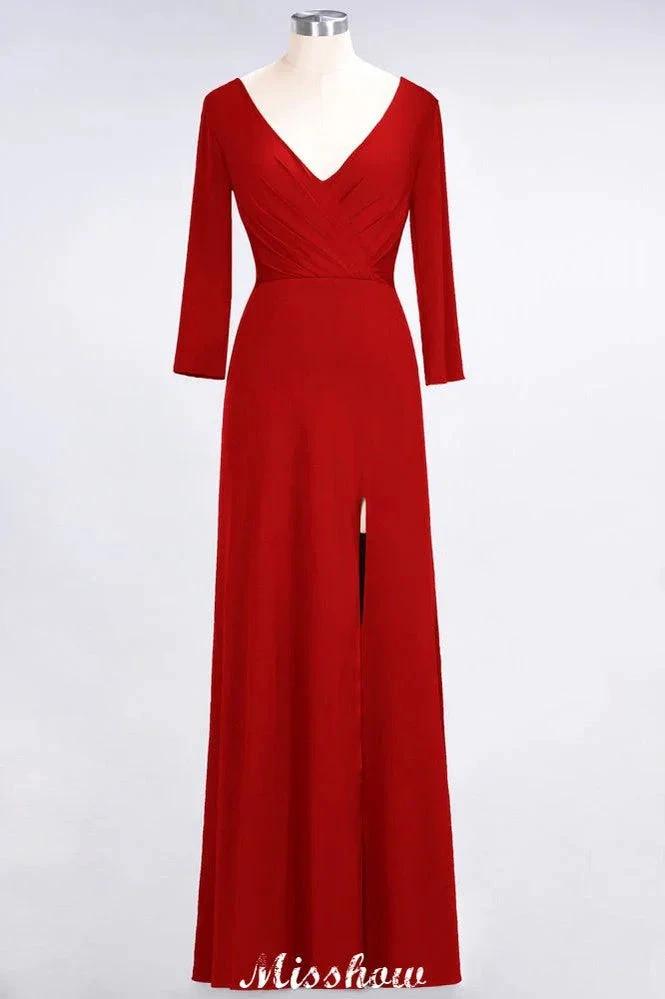 V-Neck Long-Sleeves Side-Slit Floor-Length Bridesmaid Dress with Ruffles by misshow.com