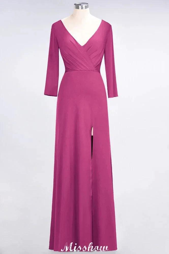 V-Neck Long-Sleeves Side-Slit Floor-Length Bridesmaid Dress with Ruffles by misshow.com
