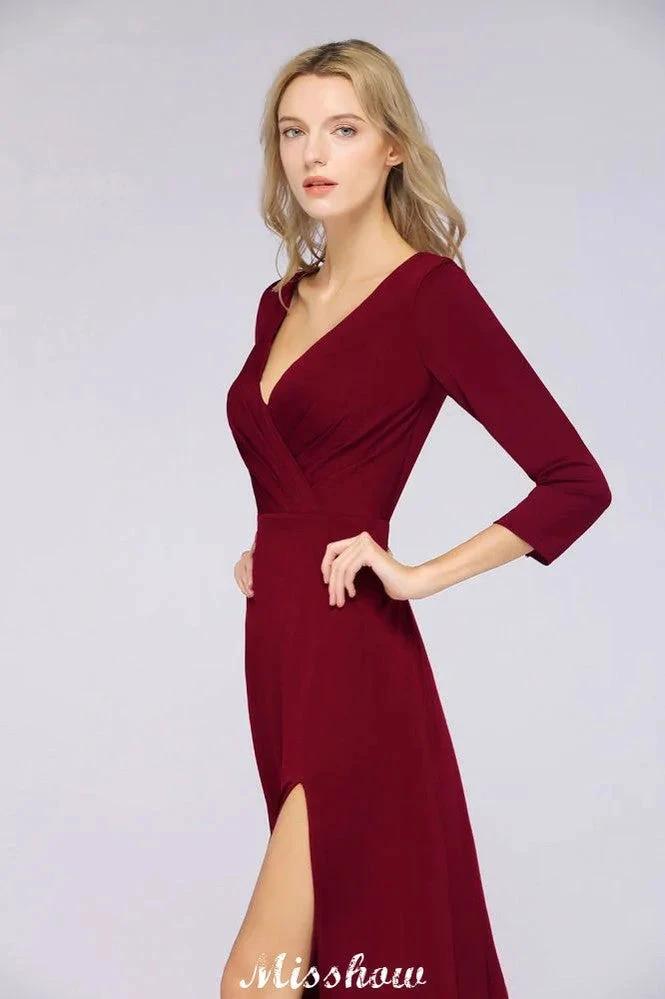 V-Neck Long-Sleeves Side-Slit Floor-Length Bridesmaid Dress with Ruffles (ZD12905)