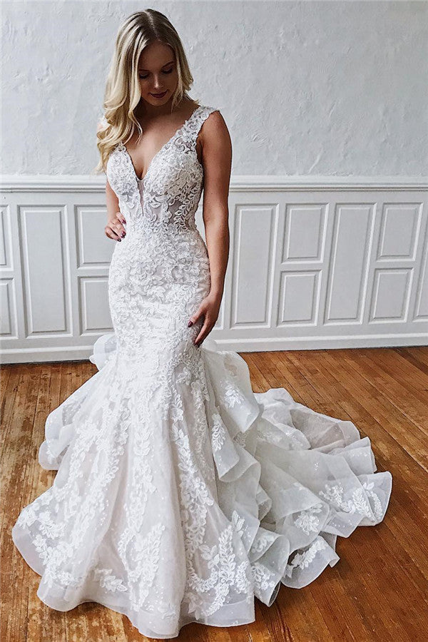 V-Neck Mermaid Lace Wedding Dress With Ruffles (ZD17530)