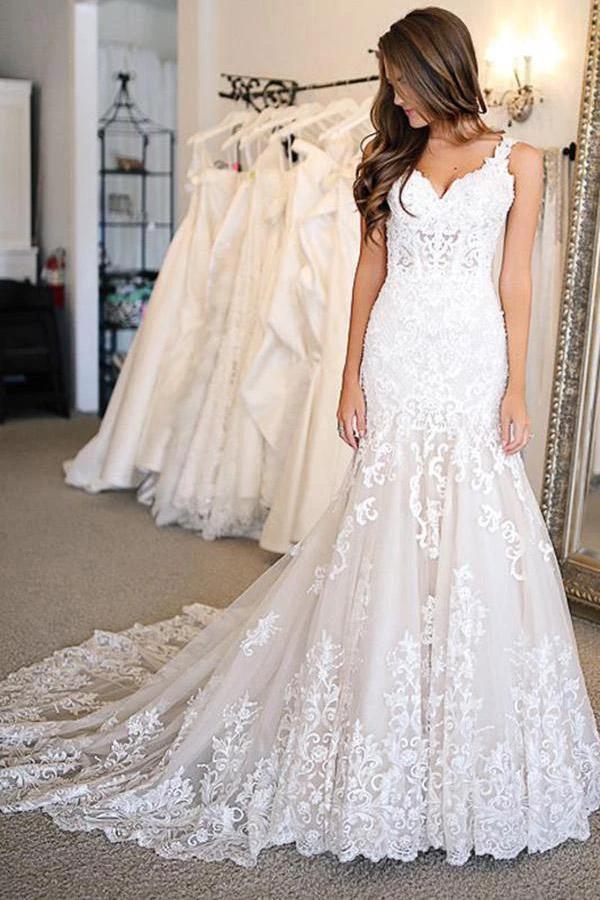 V Neck Mermaid Lace Wedding Dresses Bridal Gown With Sweep Train (ZD15282)