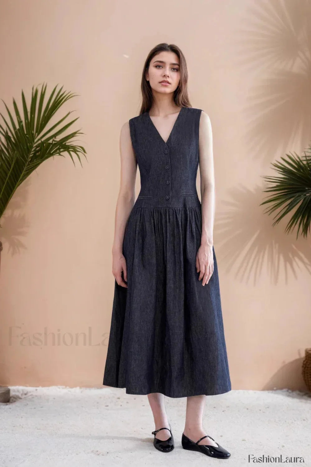 V Neck Pocket Dress with Relaxed Fit and Comfort Fit Design