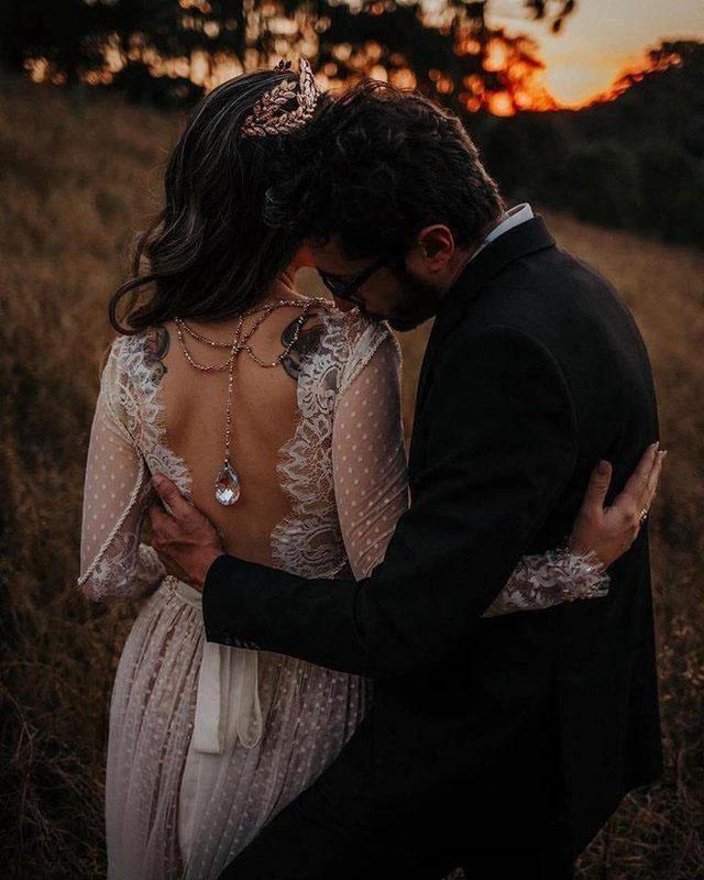 V-Neck Polka Dot Lace Open Back Long Sleeve  Boho Bridal Gown (ZD16323)