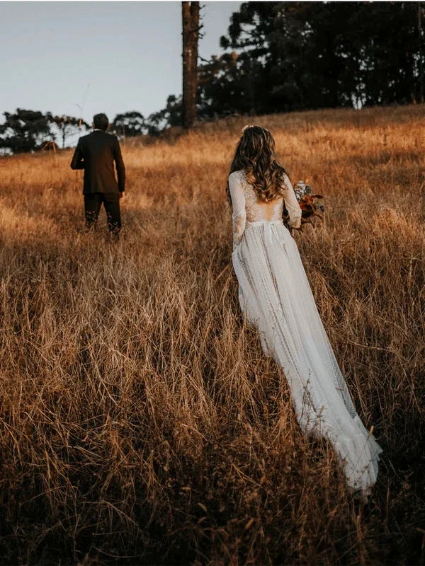 V-Neck Polka Dot Lace Open Back Long Sleeve  Boho Bridal Gown (ZD16323)