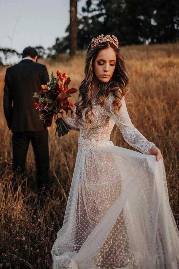 V-Neck Polka Dot Lace Open Back Long Sleeve  Boho Bridal Gown (ZD16323)