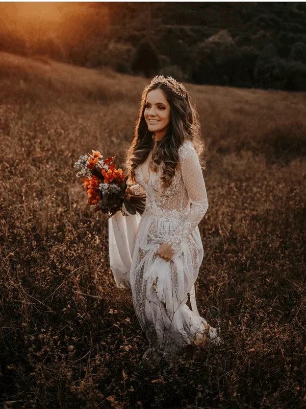 V-Neck Polka Dot Lace Open Back Long Sleeve  Boho Bridal Gown (ZD16323)