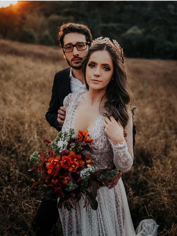 V-Neck Polka Dot Lace Open Back Long Sleeve  Boho Bridal Gown (ZD16323)
