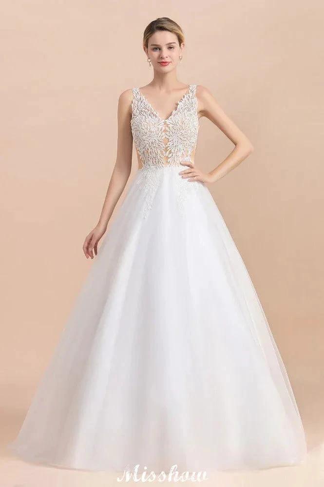 V-Neck See-through Lace Aline Wedding Dress Floor length Princess Bridal Gown (ZD13966)