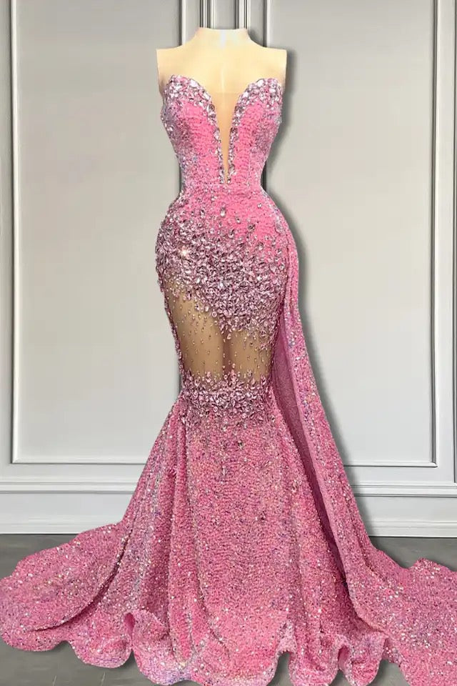 V-Neck Sequins Prom Dress Mermaid Sleeveless Crystal