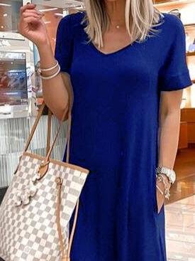 V Neck Short Sleeve Casual Pocket Dress
