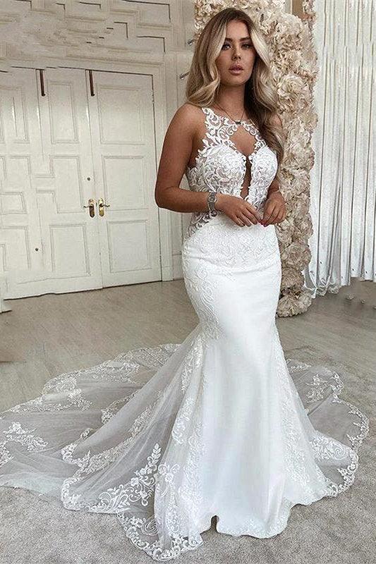V-neck Sleeveless Appliques Lace Mermaid Floor-length Wedding Dresses (ZD16507)