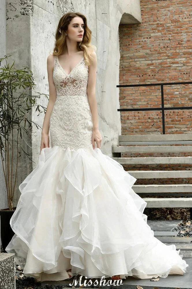 V-Neck Sleeveless Floral Lace Mermaid Bridal Gown Garden Puffy Tulle Slim Wedding Dress (ZD13964)
