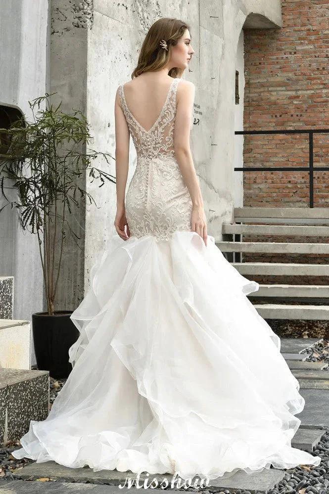 V-Neck Sleeveless Floral Lace Mermaid Bridal Gown Garden Puffy Tulle Slim Wedding Dress (ZD13964)