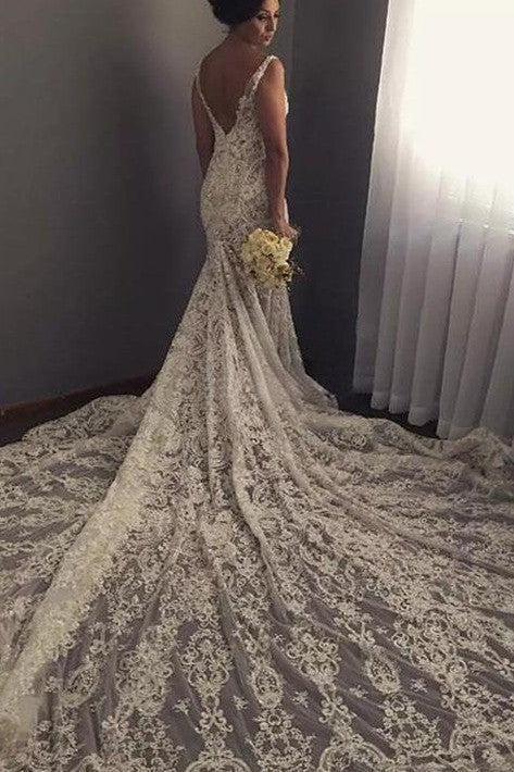 V neck Sleeveless Mermaid Wedding Dresses Modern Lace Appliques Bridal Gown