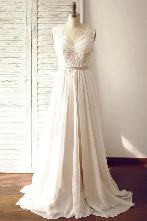 V-neck  Sleeveless Open Back Wedding Dress with Lace Sash (ZD16284)