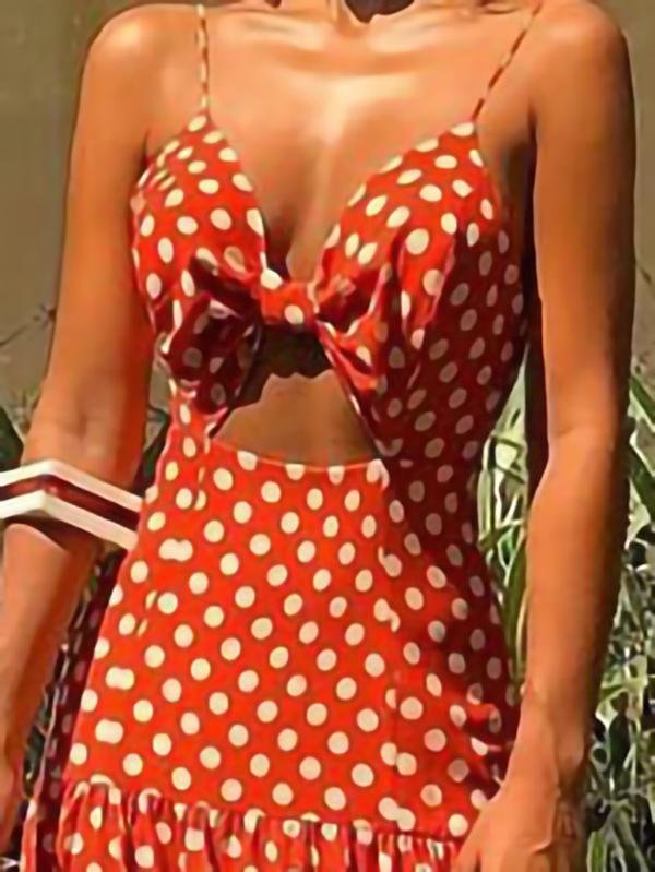 V neck Sleeveless Polka Dot Beach Dress