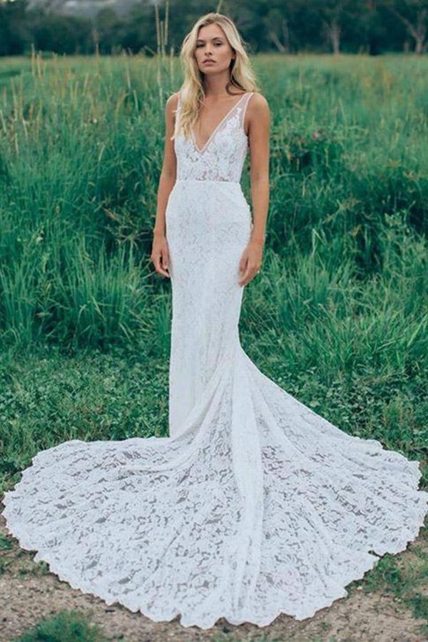 V-Neck Sleeveless Ruched Backless Lace Wedding Dress With Court Train (ZD16037) - VelvetHem